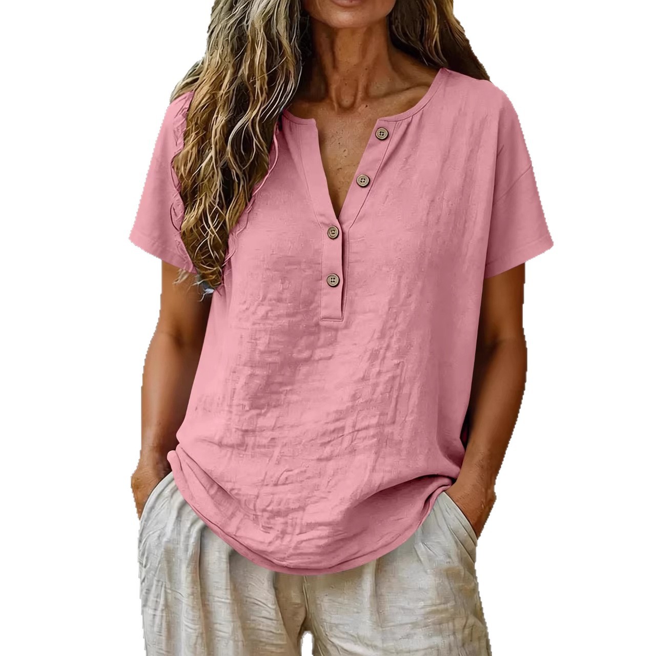 Women's Casual Cotton-Linen Short-Sleeve Half-Placket V-Neck Button Top