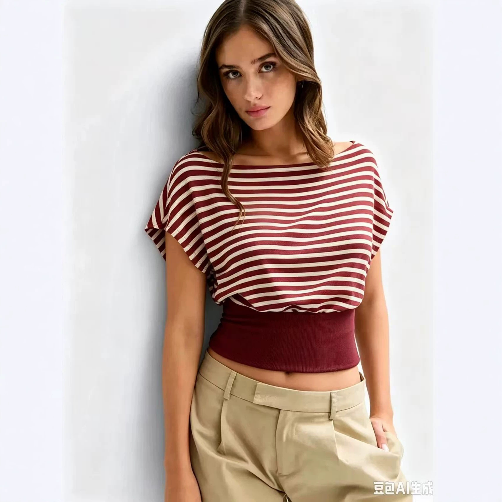 Women's Off-Shoulder Striped Crop Top Slim Fit Short Sleeve