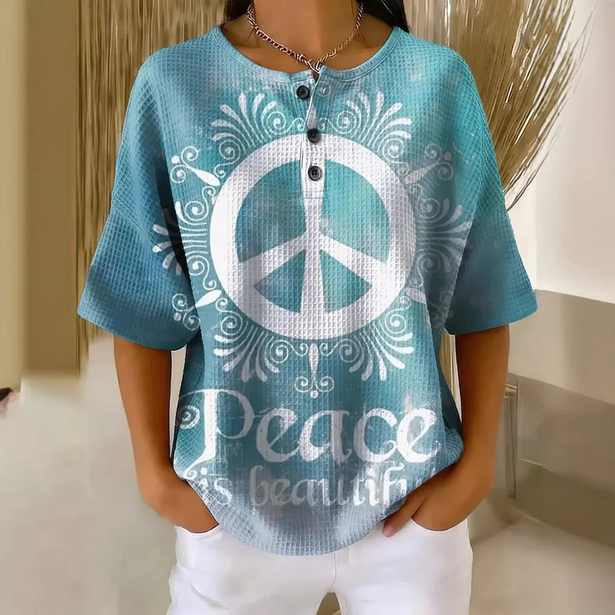 Floral Plaid Print Crewneck Short Sleeve Button Top