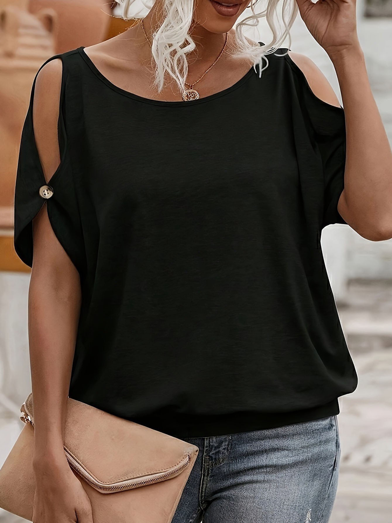 Women's Summer Cutout Shoulder Short Sleeve T-Shirt