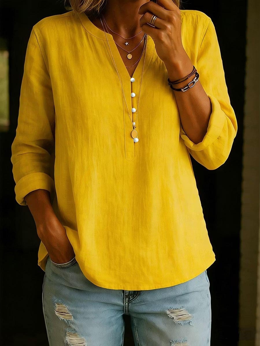 Cotton-Linen V-Neck Button-Front Long-Sleeve Top