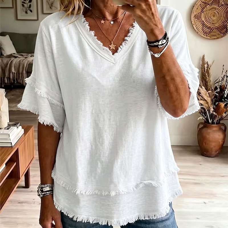 Women's Loose V-Neck Frayed Short-Sleeve T-Shirt Solid Casual Top