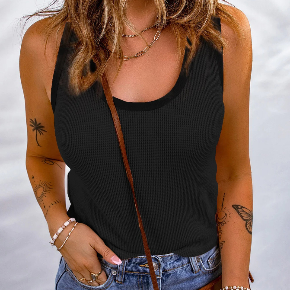Women's Solid Waffle Knit Sleeveless Tank Top