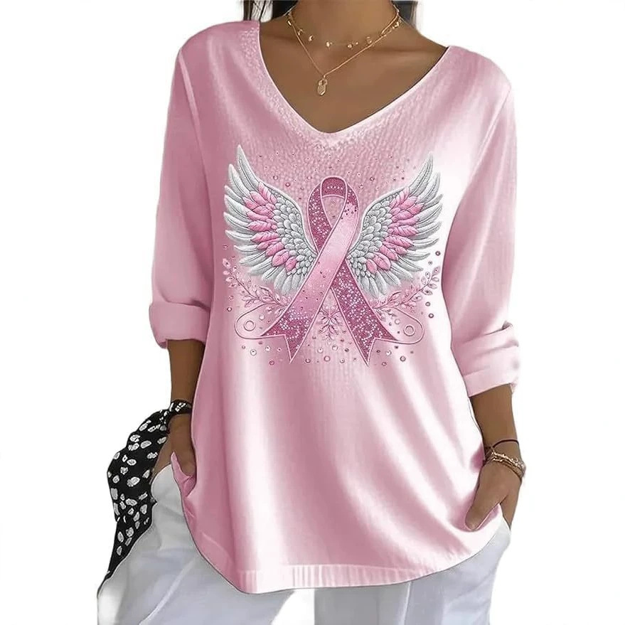 Wing Ribbon Print V-Neck Half-Sleeve T-Shirt