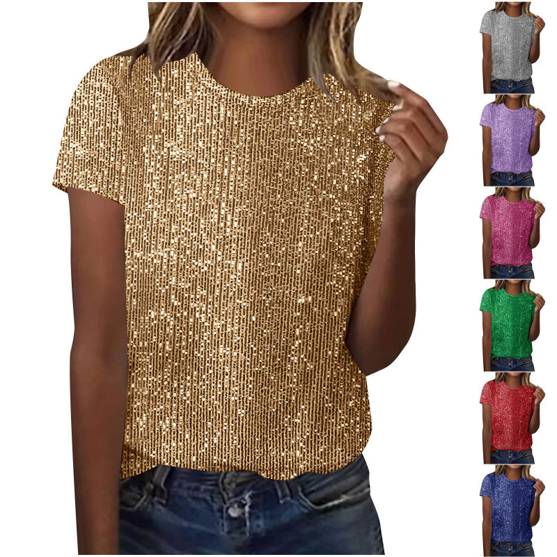 Women's Sequin Loose Crewneck Short Sleeve Top