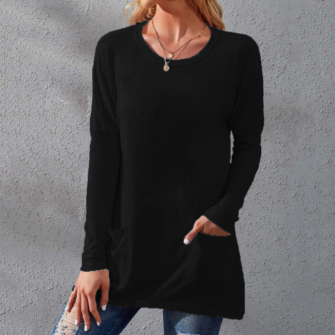Women's Loose Fit Crewneck Short Sleeve Pocket Solid Midi T-Shirt
