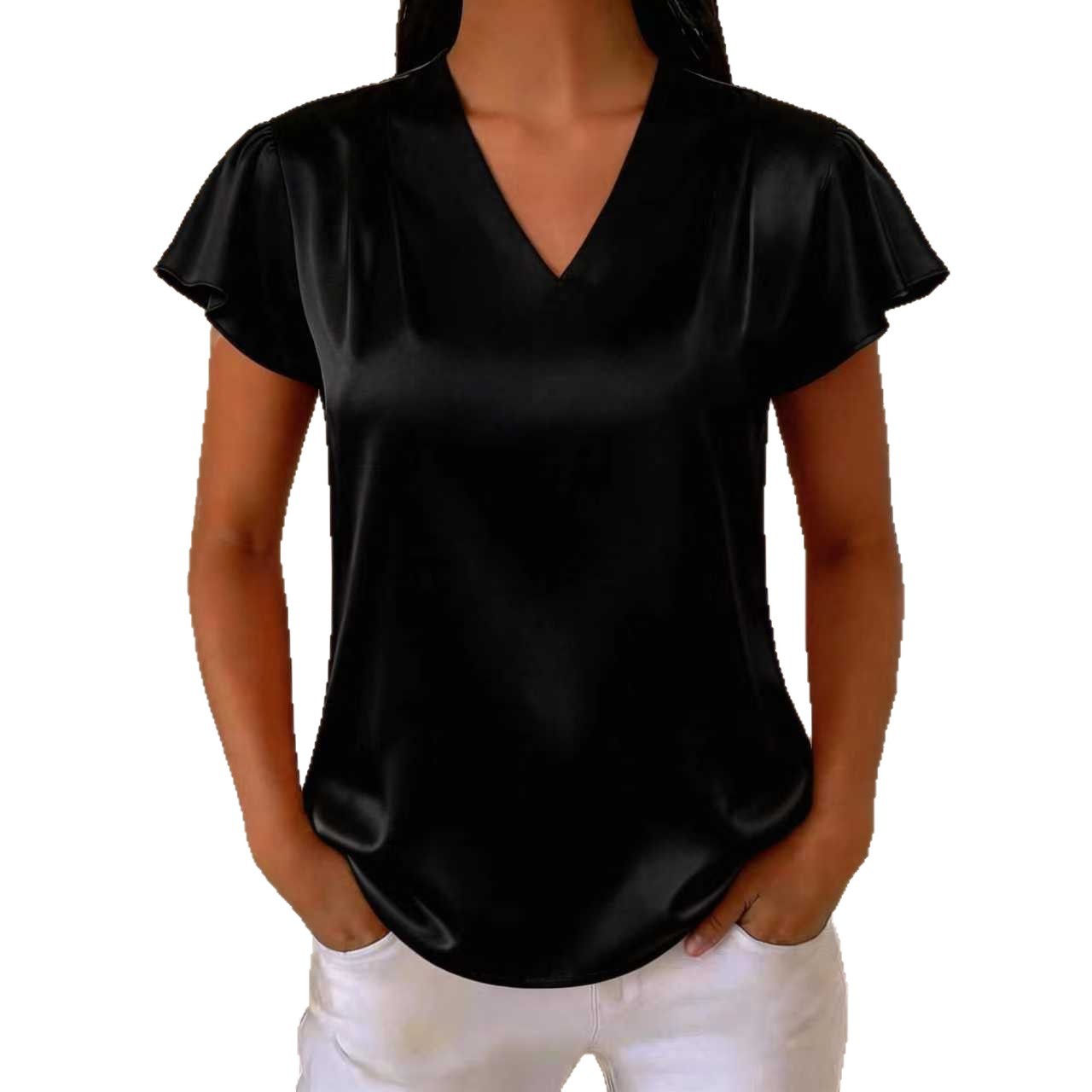V-Neck Chiffon Pleated Loose Short Sleeve Top