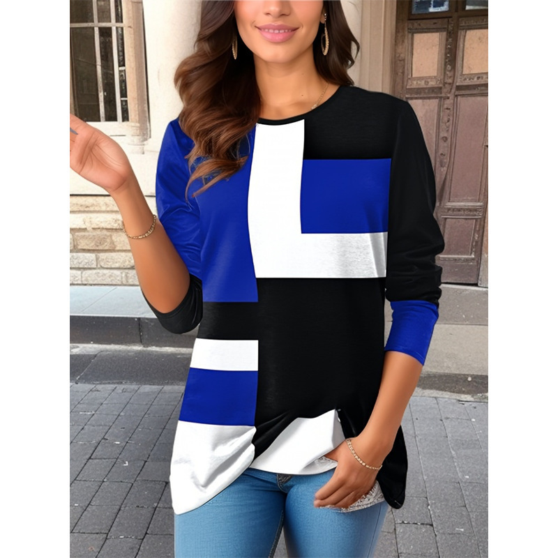 Geometric Color-Block Long-Sleeve T-Shirt