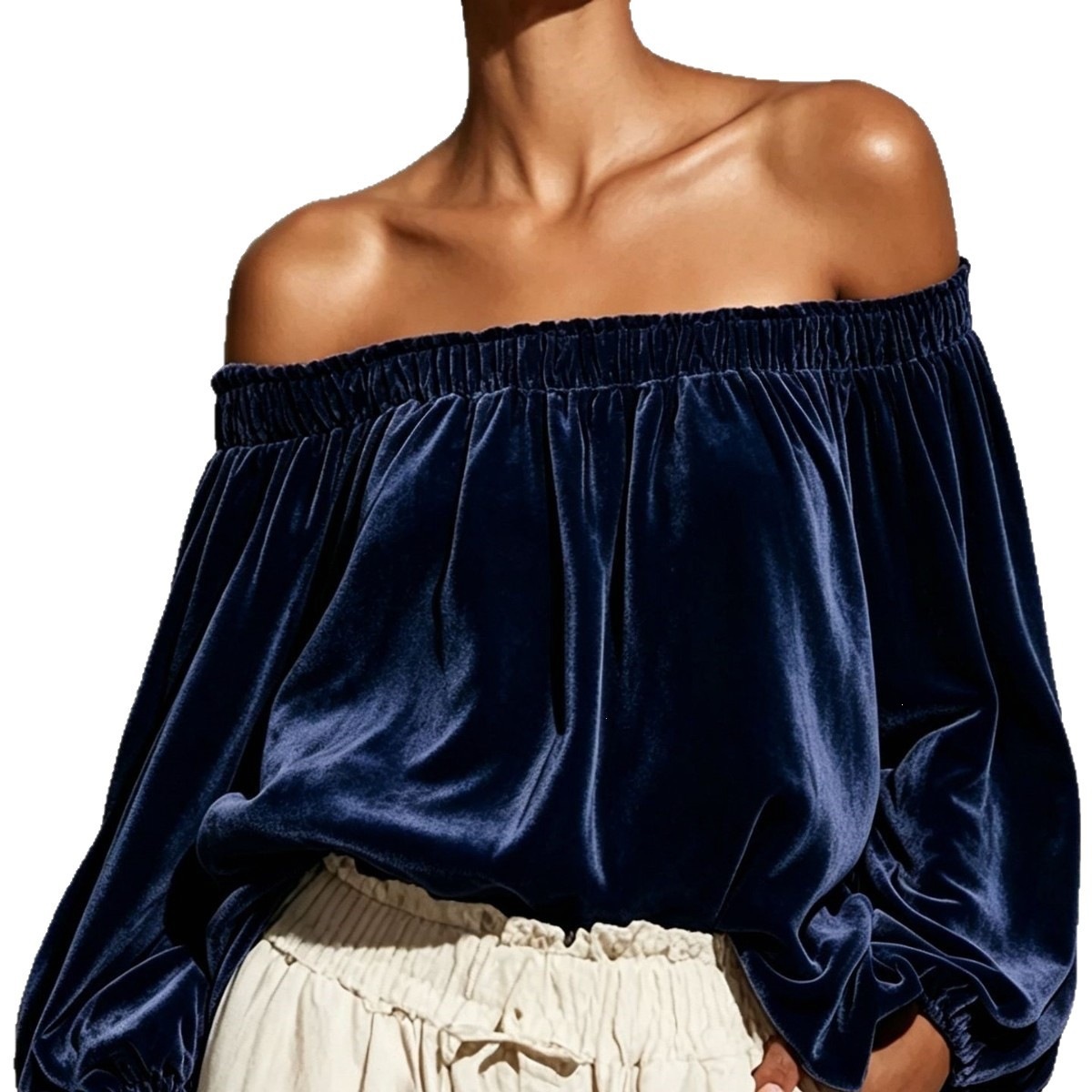 Velvet Off-Shoulder Top with Lantern Sleeves