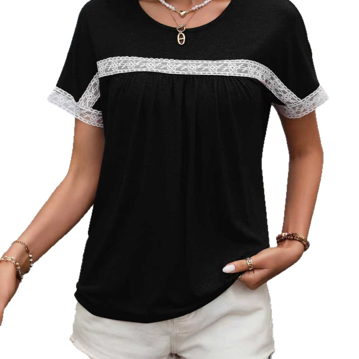 Women's Lace Trim Crewneck Short Sleeve T-Shirt