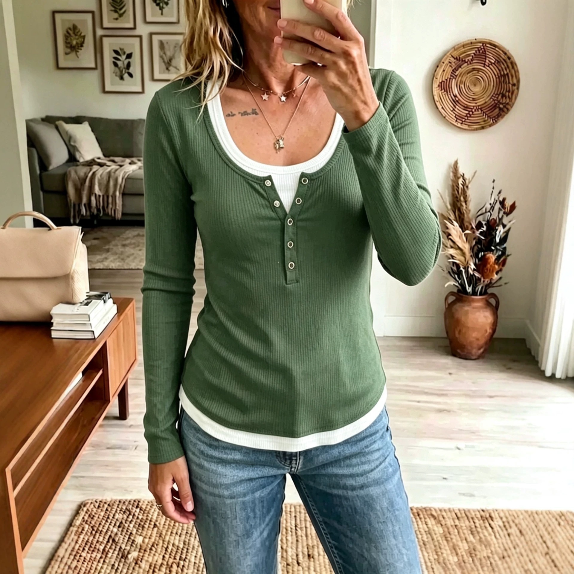 Women's Color-Block Faux-Layer Slim Long-Sleeve T-Shirt
