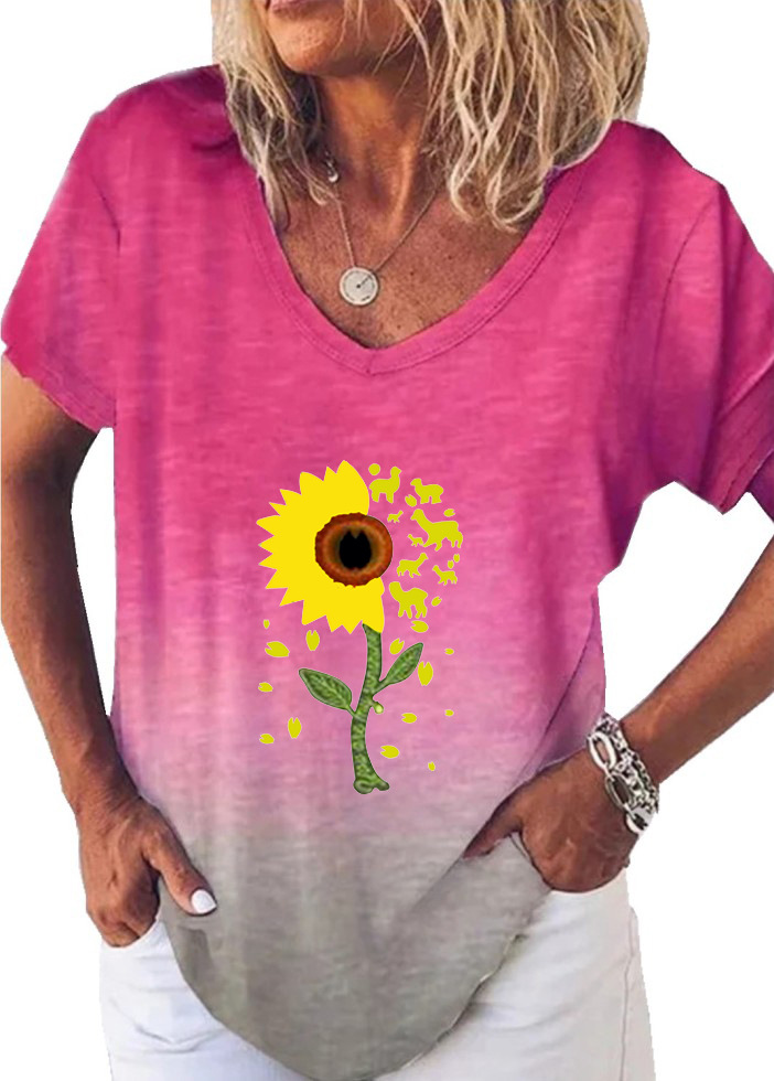 Sunflower Print V-Neck Short Sleeve Women's T-Shirt