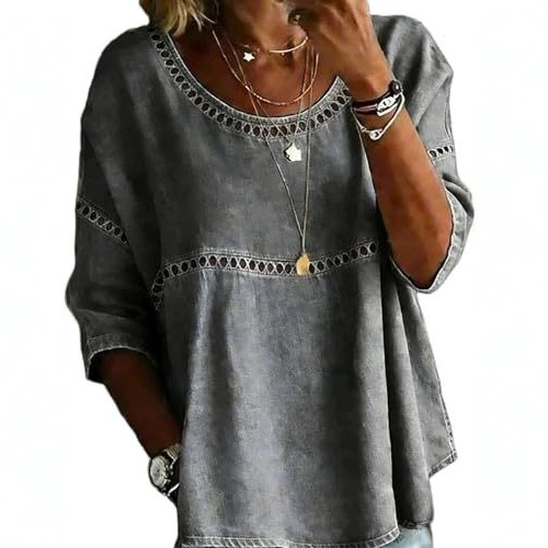 Plaid & Solid Print Mid-Sleeve Casual Women's Top