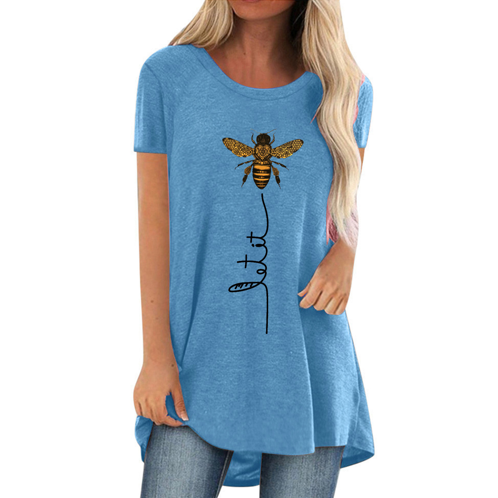 Bee Letter Print Crewneck Women's Short Sleeve Top