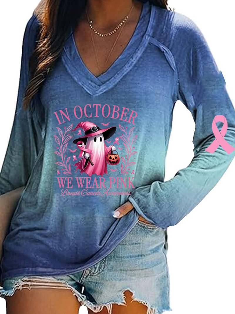 Women's V-Neck Long-Sleeve Halloween Pumpkin Ghost Ribbon Print T-Shirt