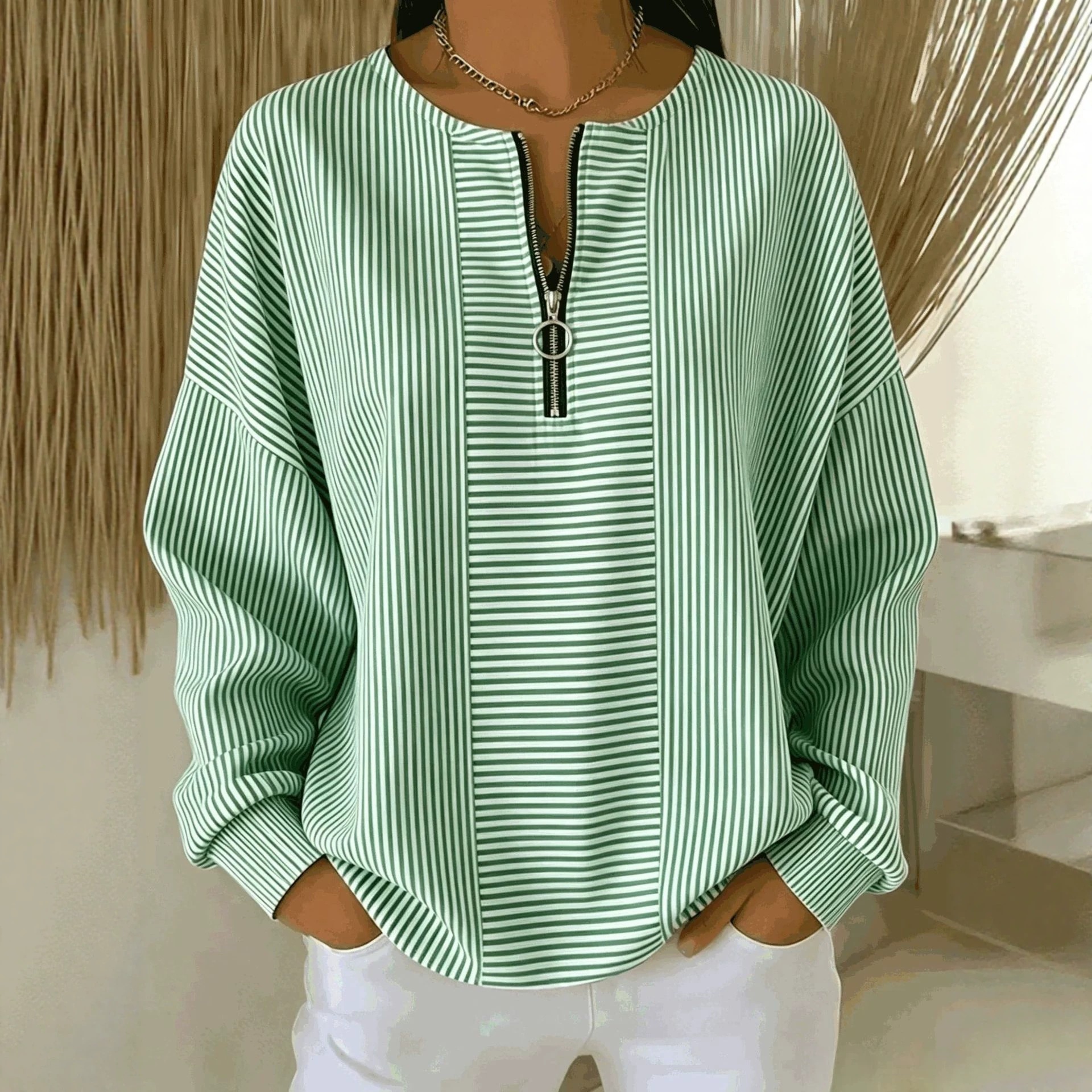 Striped Zip-Up Long Sleeve Loose Drop Shoulder Round Neck T-Shirt for Women