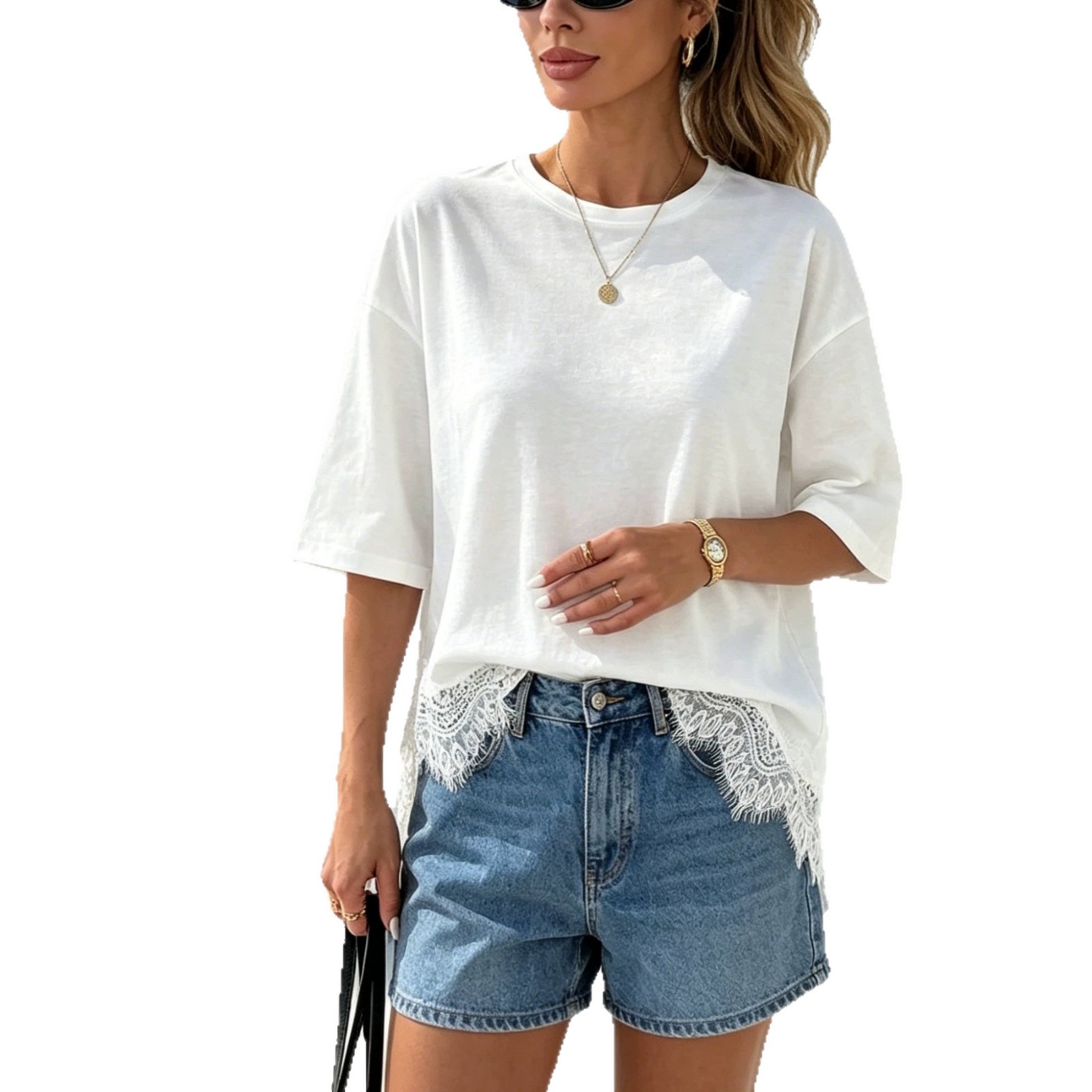 Women's Summer Crewneck Lace Trim Loose Casual T-Shirt