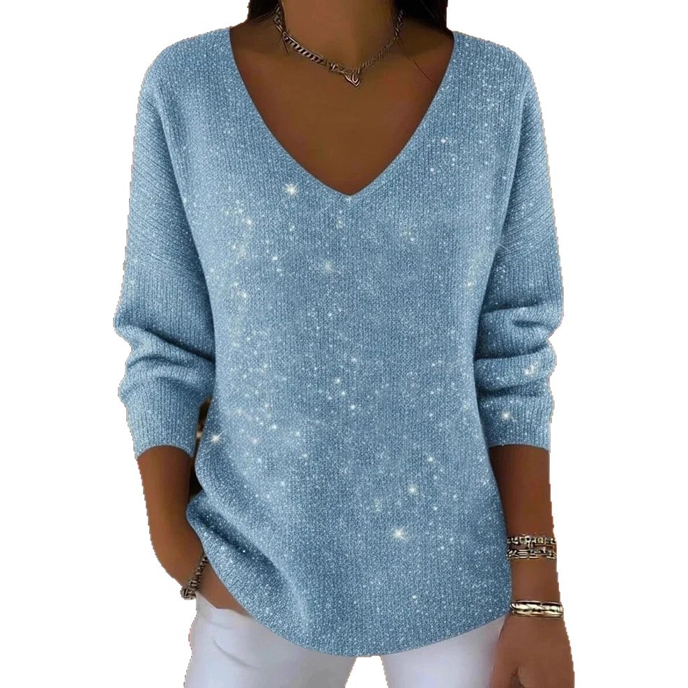 Women's Long Sleeve V-Neck Glitter T-Shirt Casual Versatile Top