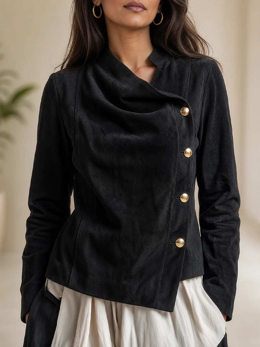 Women's Vintage Pleated Asymmetric Button Stand Collar Long Sleeve Jacket