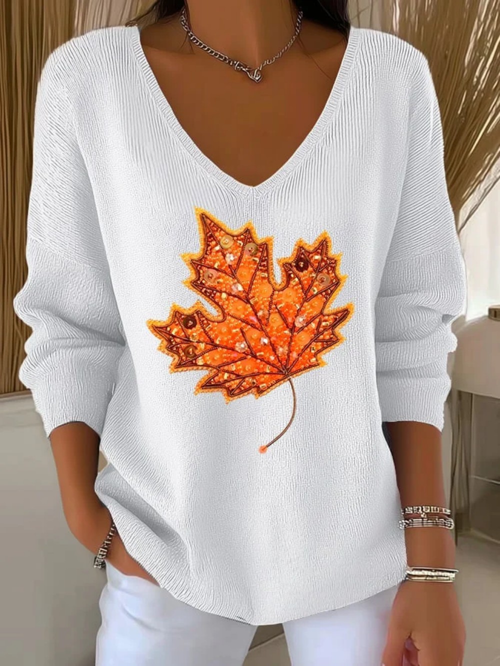 Maple Leaf Print V-Neck Long Sleeve T-Shirt