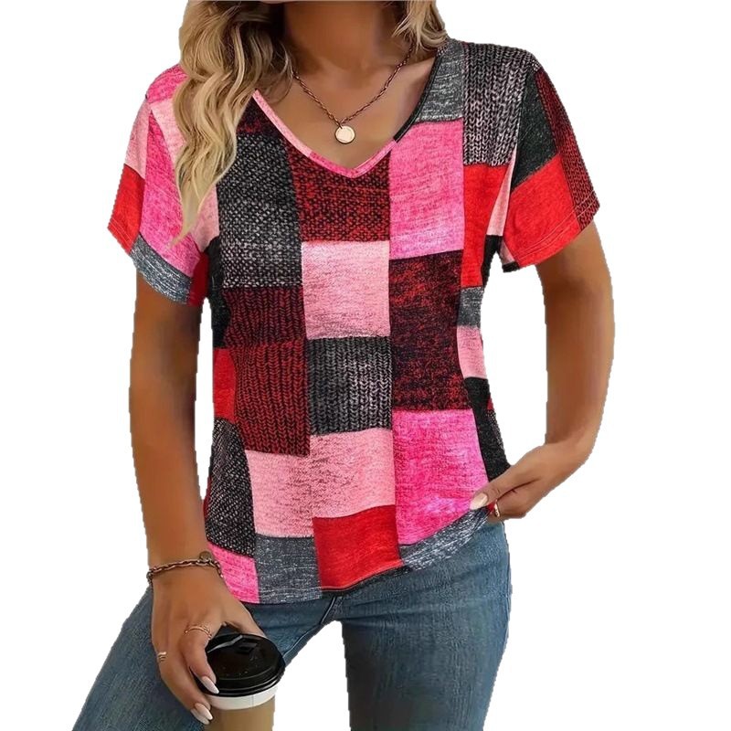 Women's Square Print V-Neck Short Sleeve T-Shirt