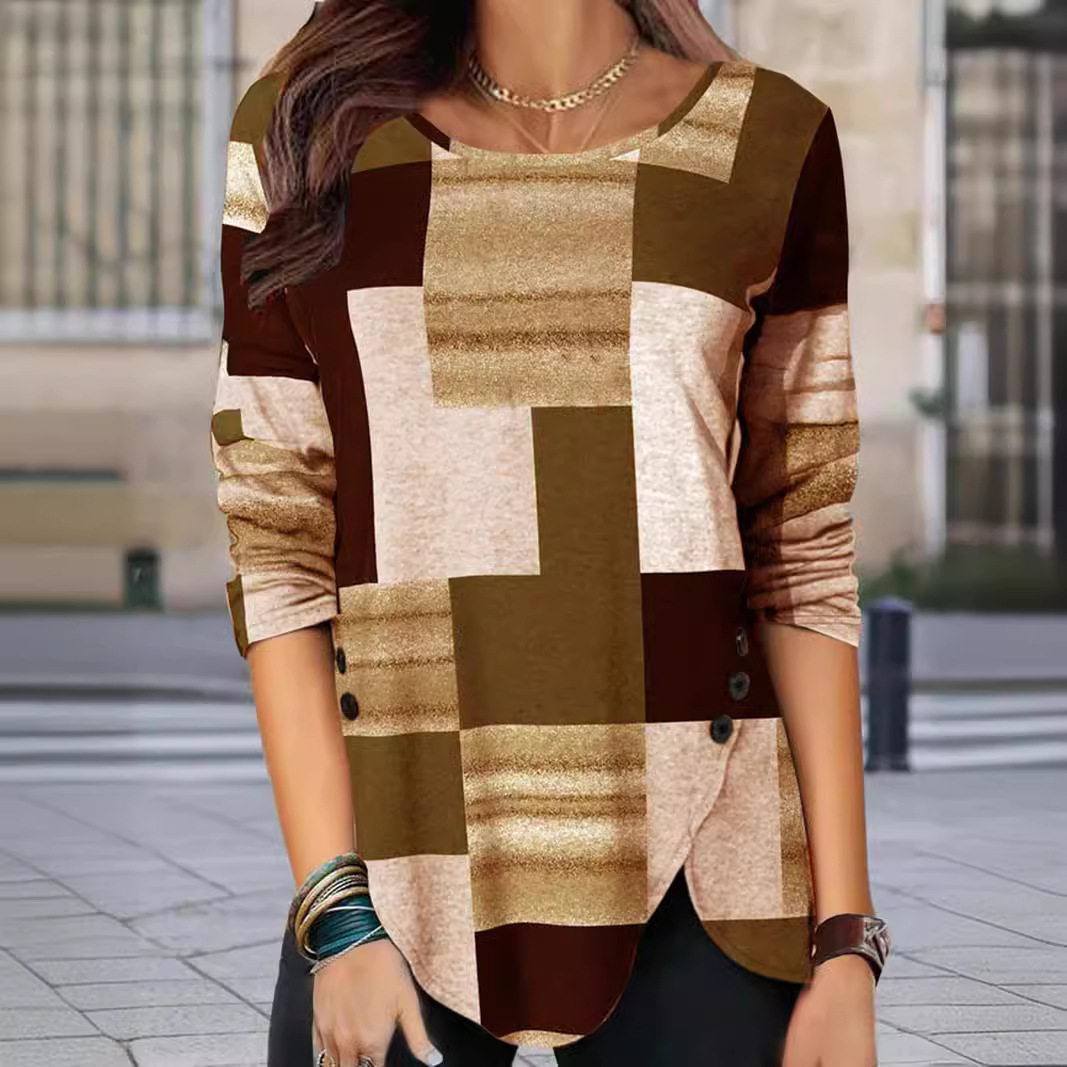Women's Colorblock Print Long-Sleeve Crewneck Pullover T-Shirt