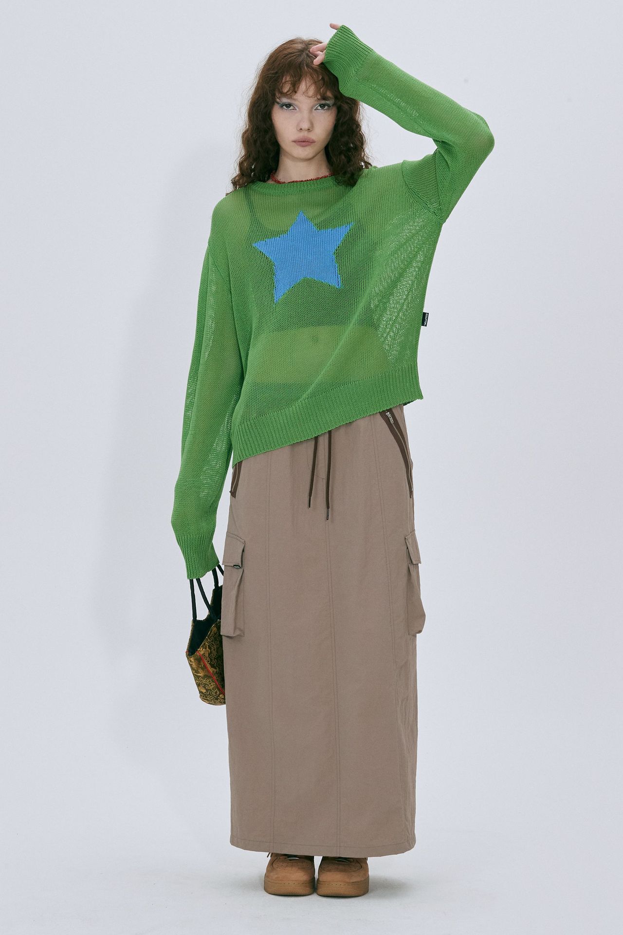 Sheer Star Cutout Knit Top Long Sleeve Crew Neck