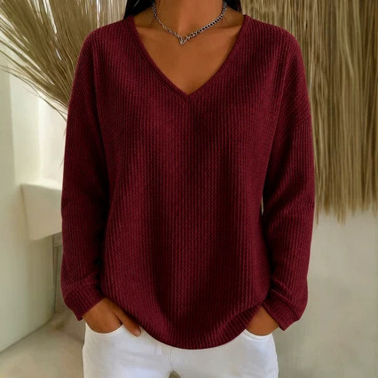 Women's Waffle Knit V-Neck Long Sleeve Loose Fit Solid Color T-Shirt