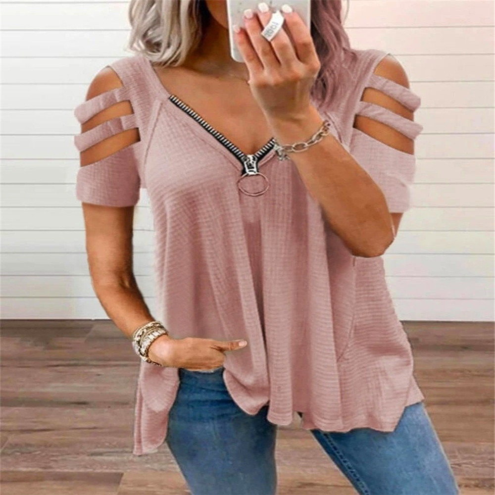 Women's Cold-Shoulder Short-Sleeve V-Neck Zip Solid T-Shirt Top