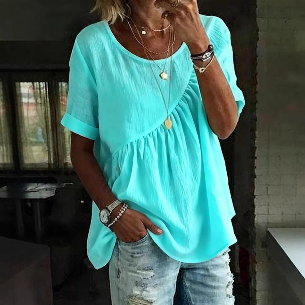 Women's Solid Crewneck Short Sleeve Ruched Top