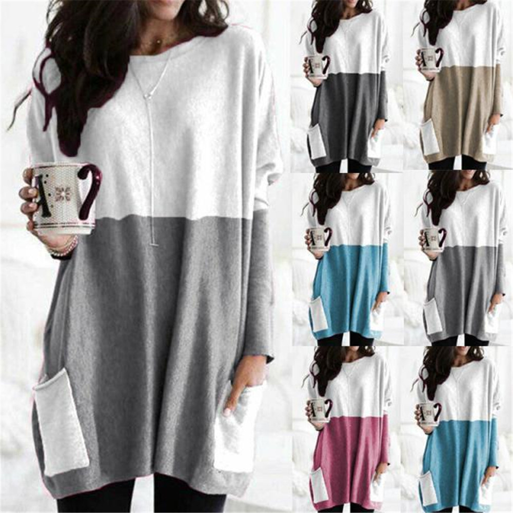 Women's Crewneck Long Sleeve Colorblock T-Shirt with Pocket