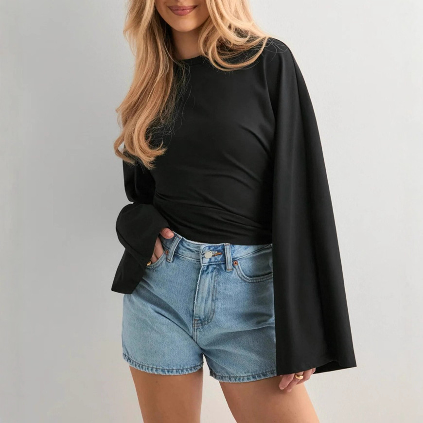 Women's Solid Crewneck Long Sleeve Waist-Cinched Casual Top