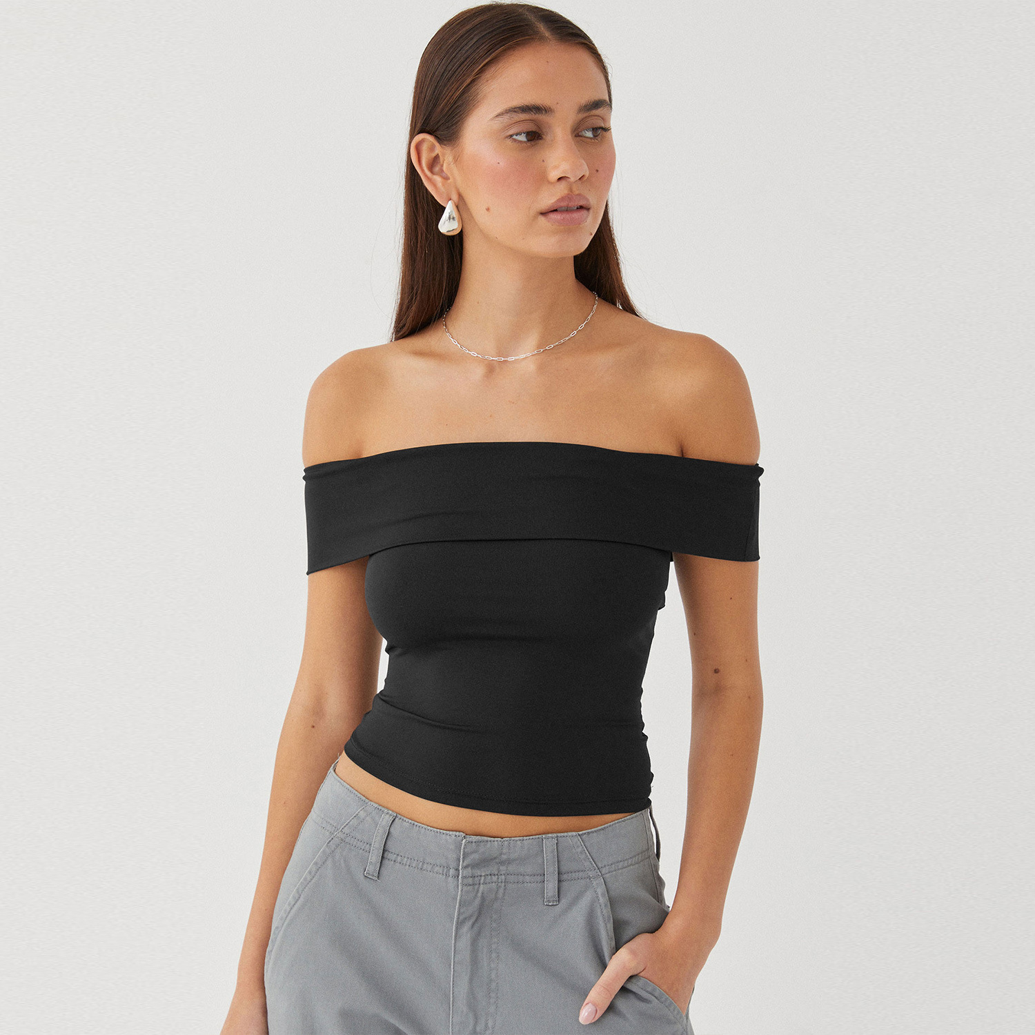 Women's Off-Shoulder Tube Top Short Sleeve Slim Fit Sexy T-Shirt