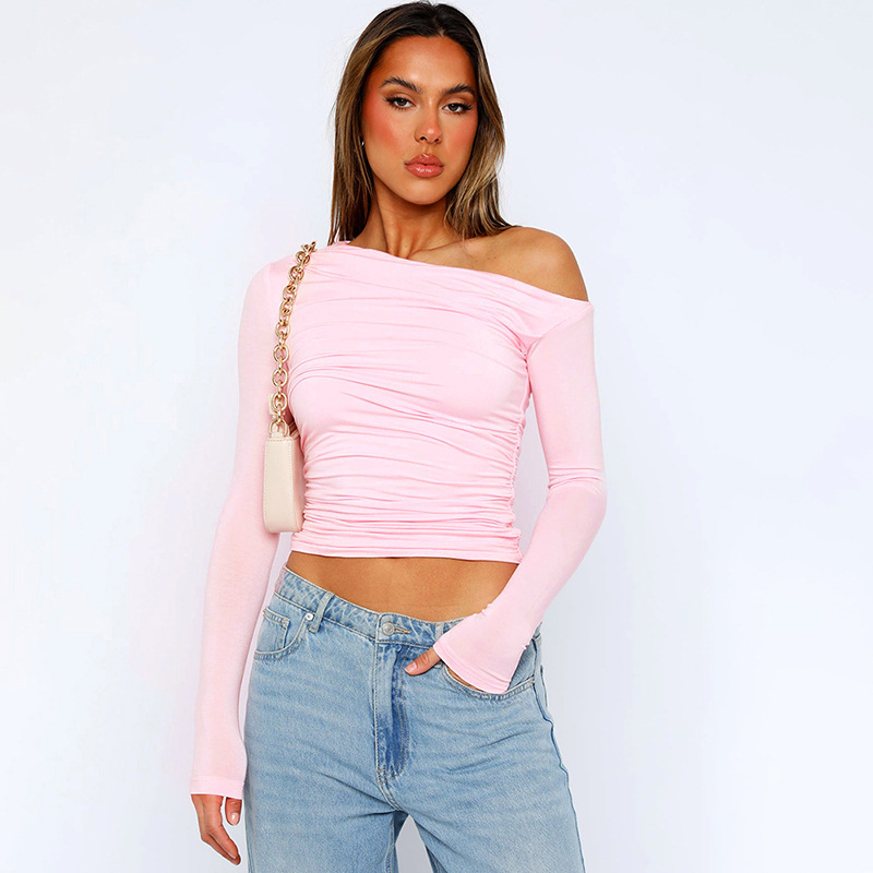 Women's One-Shoulder Long-Sleeve Ruched Crop Top