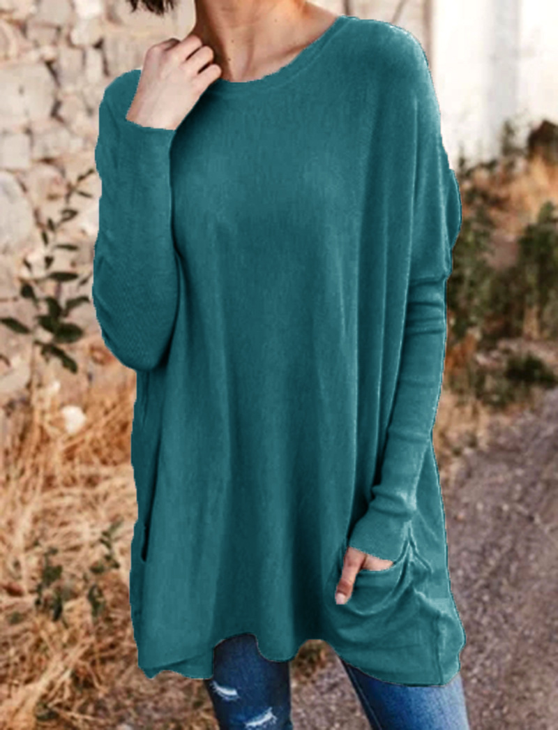 Women's Loose Fit Crewneck Long Sleeve Pocket T-Shirt