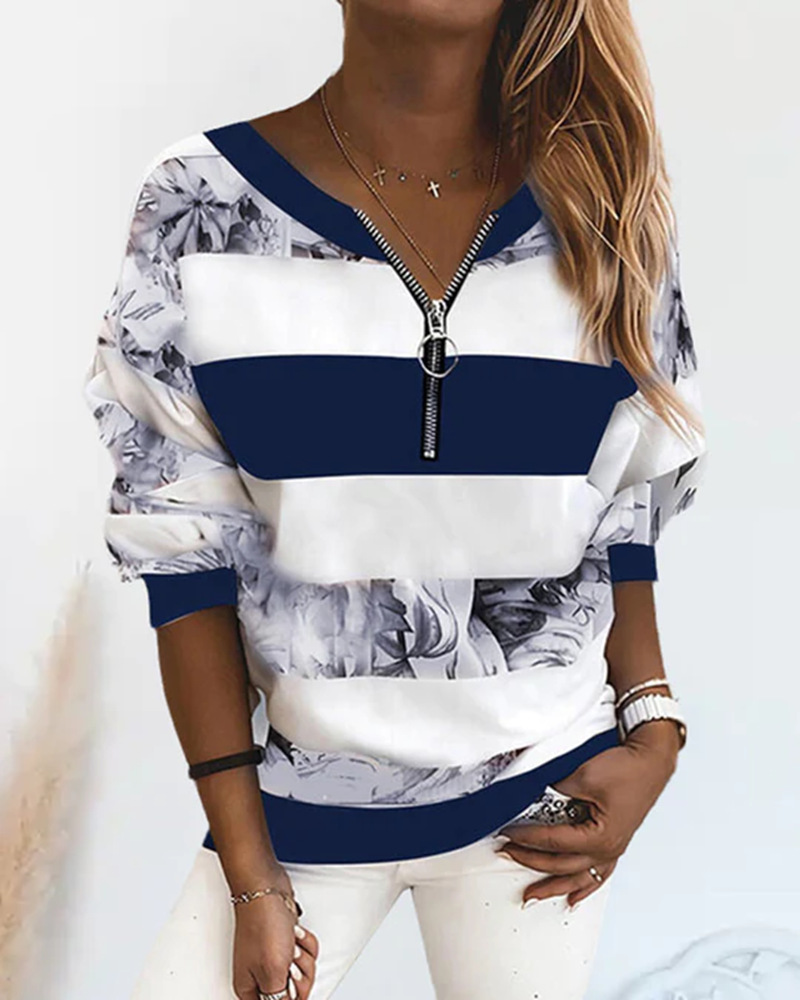 Women's Colorblock Print Zip V-Neck Long Sleeve Top