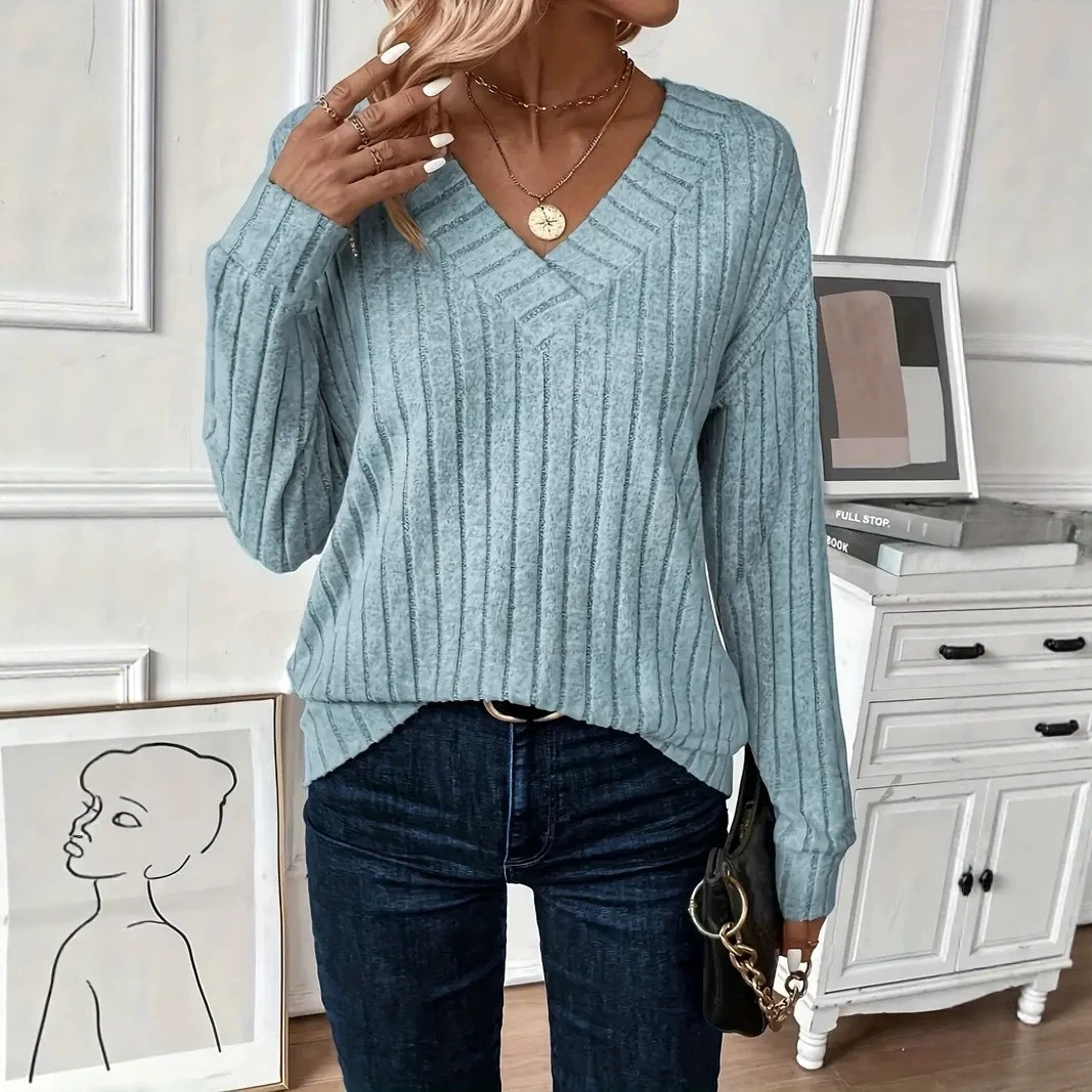 Women's Long Sleeve V-Neck Knit T-Shirt Casual Solid Color Top