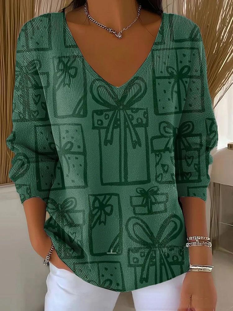 Halloween Plant & Tree Print V-Neck Long-Sleeve T-Shirt for Women