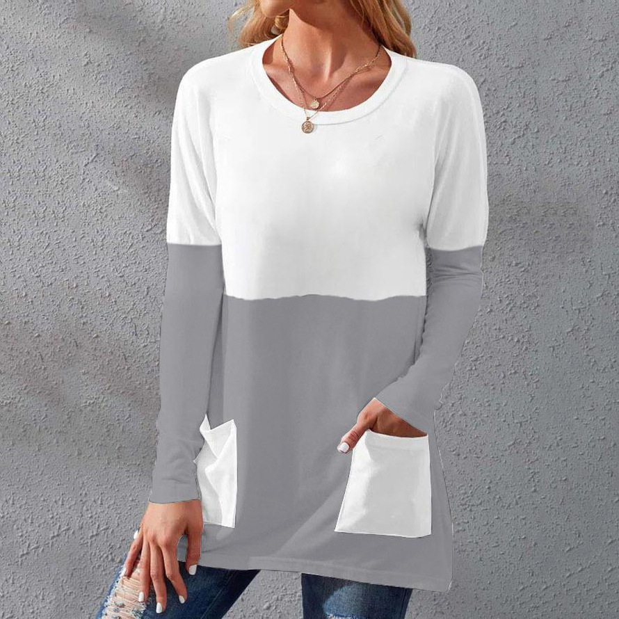 Women's Crewneck Long Sleeve Patchwork Pocket T-Shirt