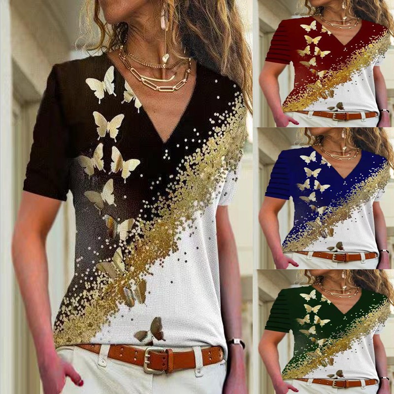 Women's V-Neck Graphic Print Short Sleeve T-Shirt