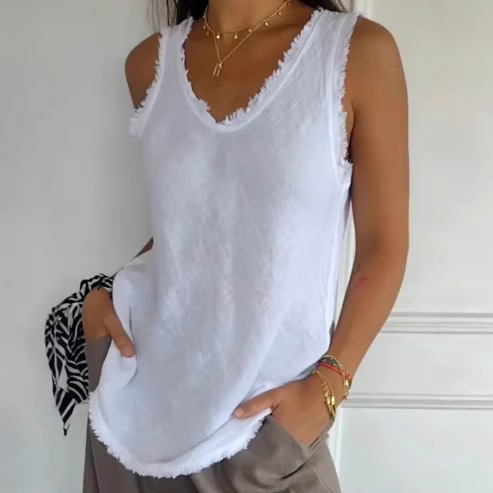 V-Neck Sleeveless Loose Cotton-Linen Fringe Trim Top