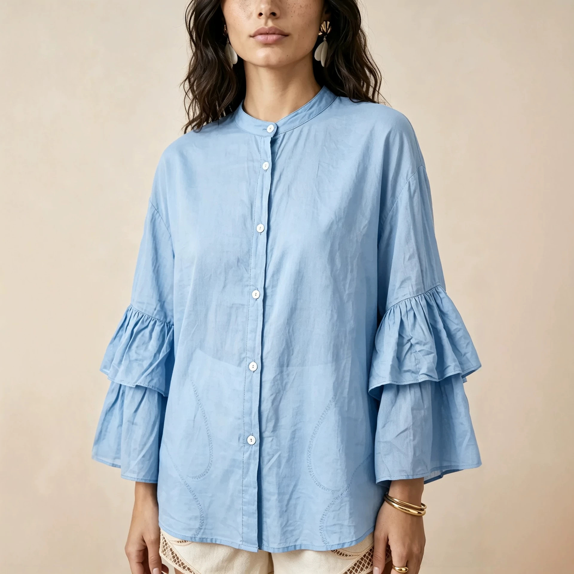 Women's Solid Color Stand Collar Button Double-Layer Bell Sleeve Loose Casual Shirt