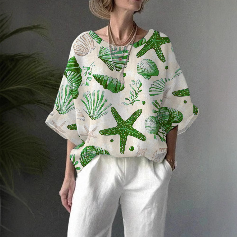 Women's Summer Digital Print Half-Sleeve Round Neck Loose Casual Top