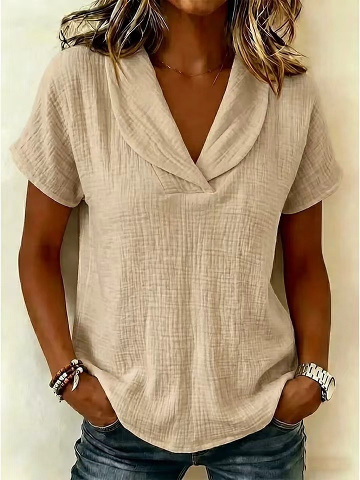 Women's Summer Knit Short Sleeve Top Linen Doll Collar Casual