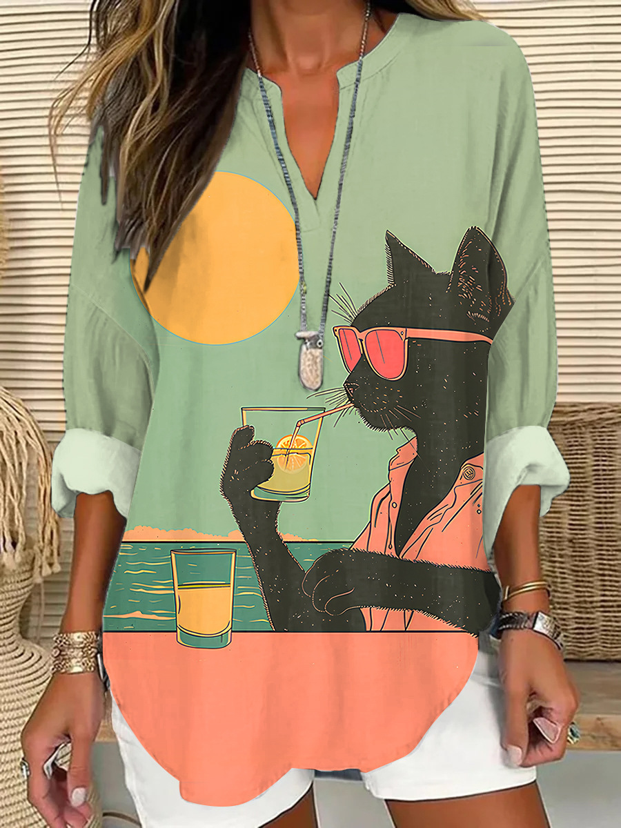 Floral Print V-Neck Long Sleeve T-Shirt for Women