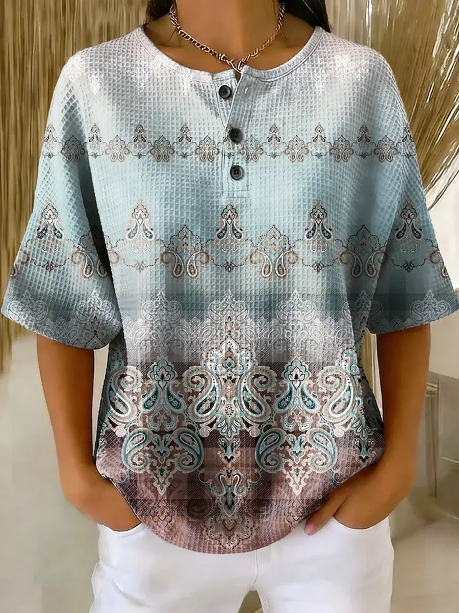 Floral Plaid Print Crewneck Short Sleeve Button Top