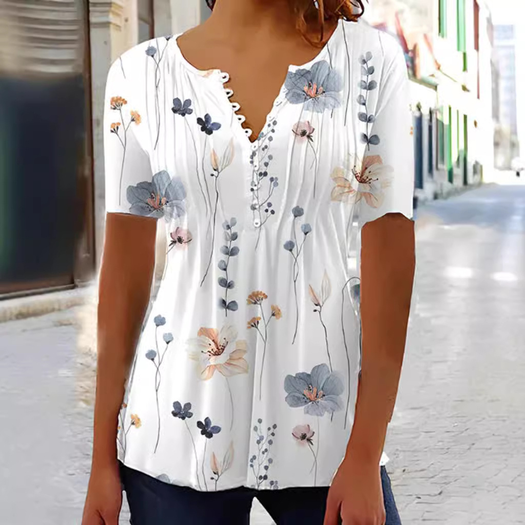Women's Summer Printed Short Sleeve Pleated Button T-Shirt