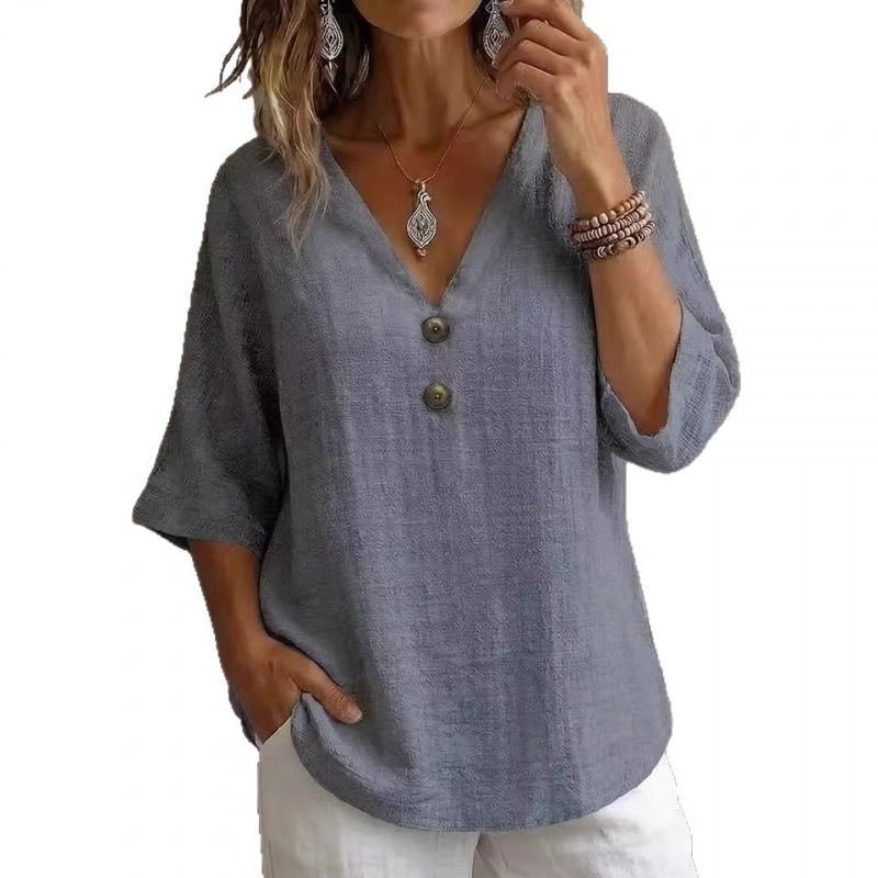 Women's Cotton-Blend French V-Neck Button-Trim 3/4-Sleeve Loose Top