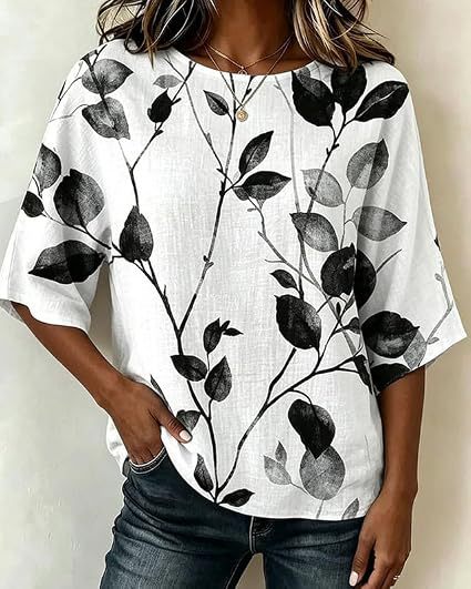 Floral Leaf Print Half-Sleeve Women's Top Retro Fashion Blouse