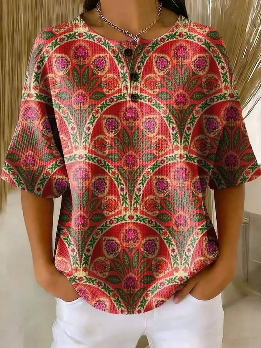 Floral Plaid Print Crewneck Short Sleeve Button Top